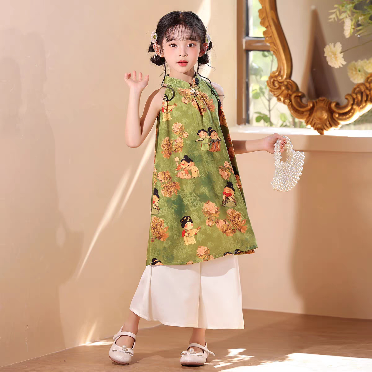 女童旗袍夏季新款古装连衣裙新中式套装儿童汉服上衣阔腿裤两件套