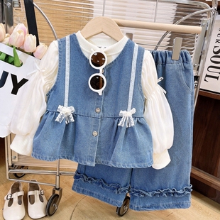 女童牛仔套装2026春秋新款儿童洋气马甲时髦牛仔阔腿裤春装三件套