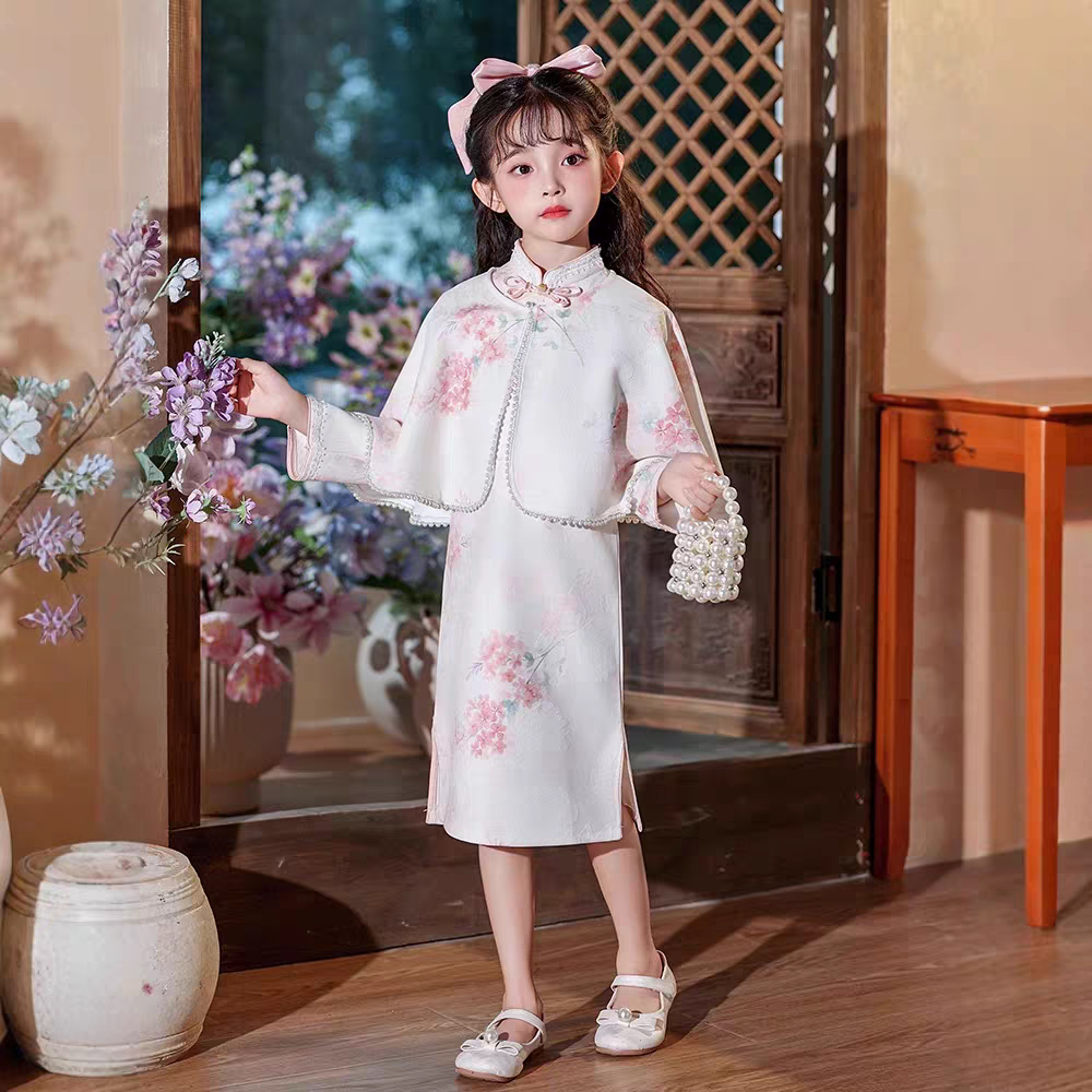 女童旗袍2026春秋儿童披肩连衣裙新中式国风套装小女孩演出服礼服