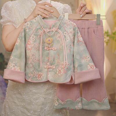 汉服女童套装2026春秋新款国风新中式唐装儿童外套裤子马甲三件套