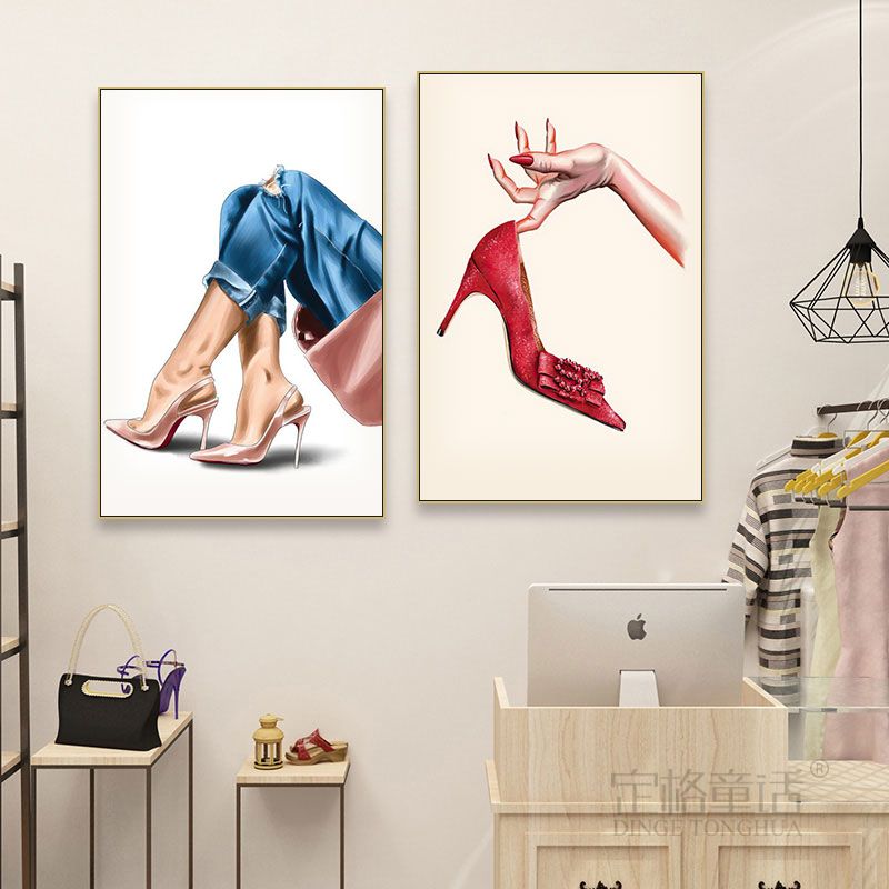 现代潮流女装店挂画简约时尚服装店装饰画鞋店复古女包高跟鞋壁画
