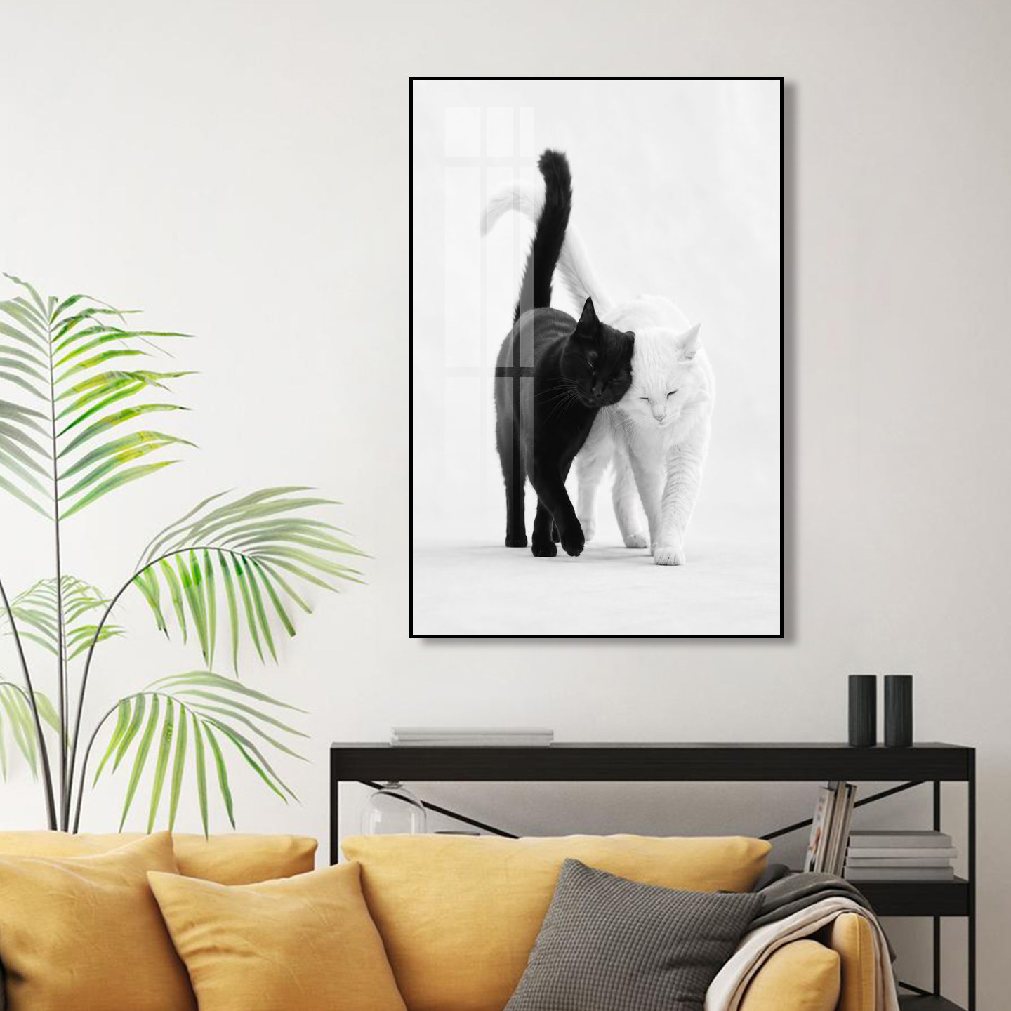 猫咪挂画现代简约黑白配黑色拥抱恩爱情侣卧室动物壁画小猫装饰画