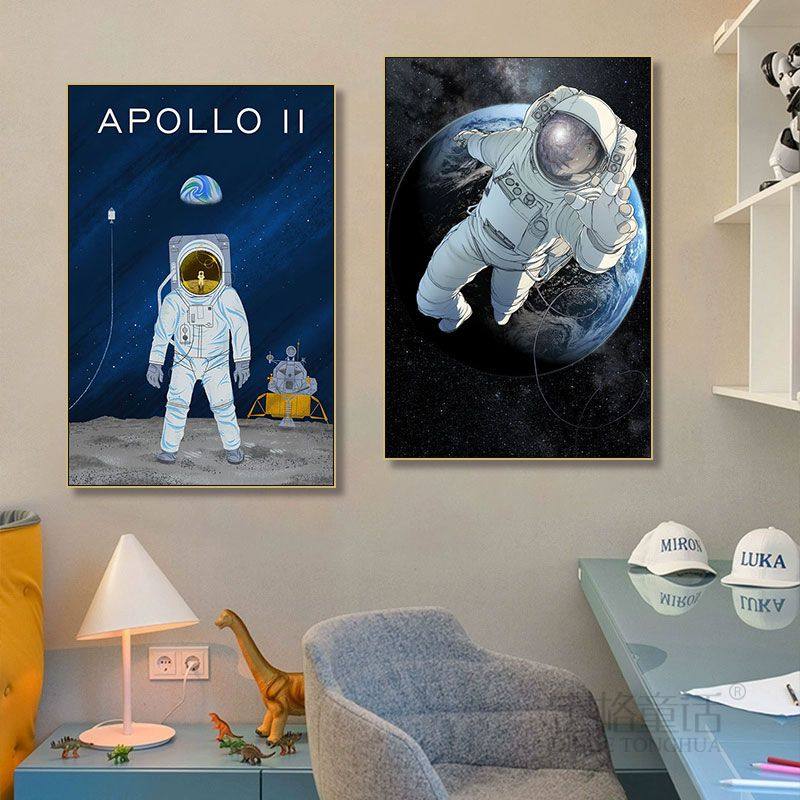 宇航员星球挂画复古酒店卧室太空星空星球主题装饰画儿童房背景墙