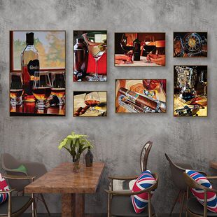 美式复古酒吧挂画赌场扑克牌怀旧装饰画雪茄红酒高级感背景墙壁画