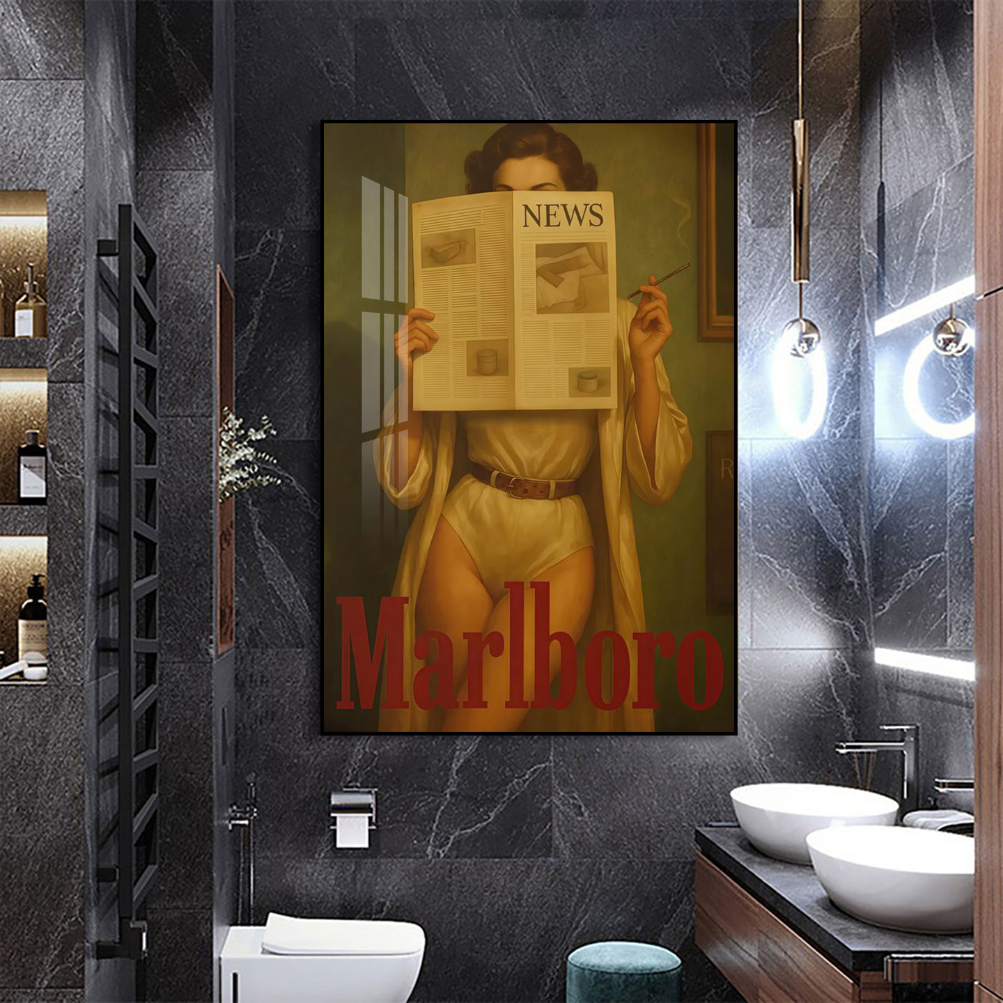 复古美女看报纸装饰画美式浴室卫生间挂画工业风万宝路杂志风壁画