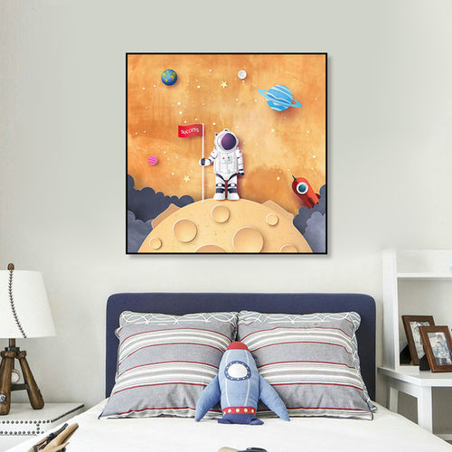 卡通宇航员装饰画男孩卧室儿童房间太空主题壁画火箭宇宙星球挂画