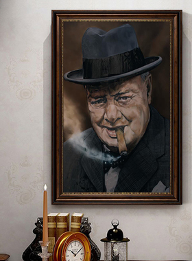 温斯顿丘吉尔装饰画雪茄俱乐部复古酒吧挂画名人黑白海报烟行壁画