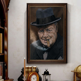 温斯顿丘吉尔装饰画雪茄俱乐部复古酒吧挂画名人黑白海报烟行壁画
