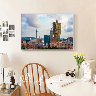 现代客厅风景装饰画澳门街景大三巴牌坊新葡京地标酒店床头挂画