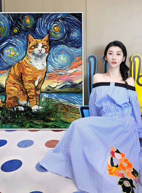 梵高装饰画波普星空手绘风抽象挂画恶搞世界名画动物客厅凡高壁画