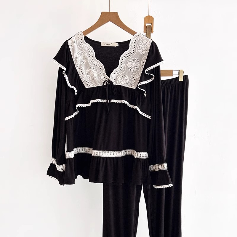 娣依DIYI2025秋冬薄款宽松大码韩式蕾丝花边宫廷风长袖长裤睡衣女