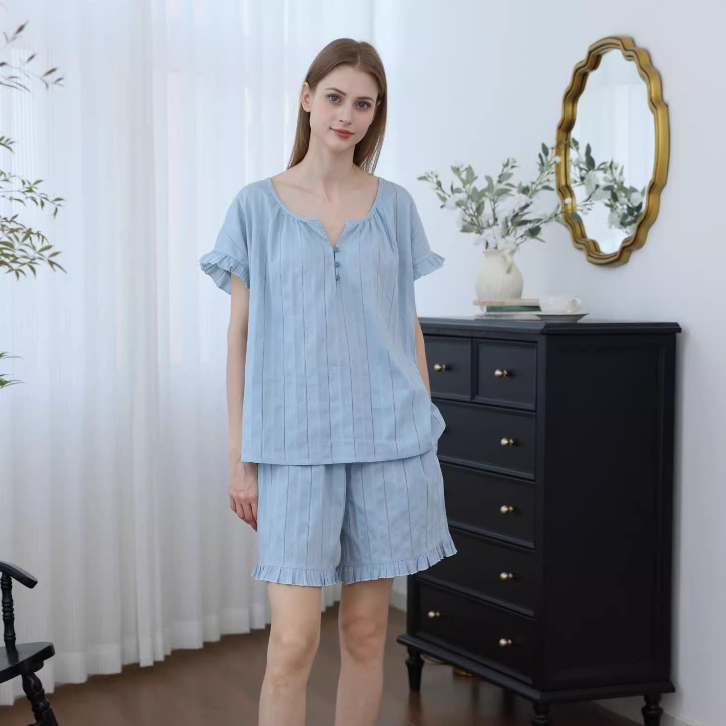 【100%棉】夏季薄款提花棉布宽松简约甜美短袖短裤品质套头睡衣女