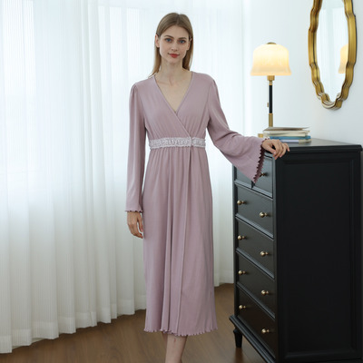 【加厚莫代尔】秋冬法式轻熟深V收腰显瘦高个子女士睡衣套装睡裙