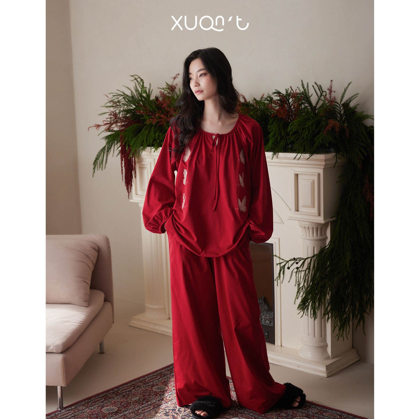 【轩之婷】莫代尔棉洋气宽松睡衣女长袖长裤红色宽松喜庆本命年