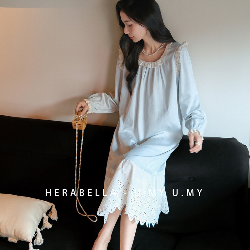 U.MY高级感提花丝棉韩系甜美花边圆领镂空花边裙摆中长长袖睡裙