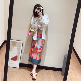 褶皱半裙印花半身裙女百褶一步裙显瘦三宅花色2025夏季粉色拼色裙