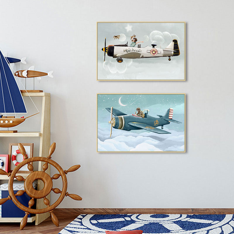飞机装饰画简约风格儿童房间卧室床头挂画婴儿房早教中心卡通壁画