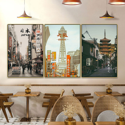 日本街景挂画和风餐厅墙面东京大阪风景挂画日式寿司料理店装饰画