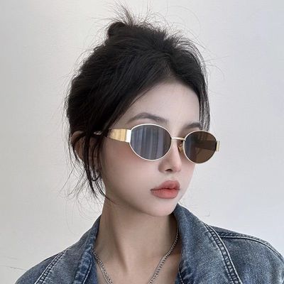 猫眼墨镜女款高级感2025新款金属小脸椭圆形复古小框茶色太阳眼镜