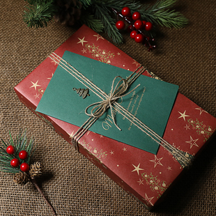 圣诞节贺卡绿色节日平安夜信封创意复古金属铜饰贴片特种纸大卡片