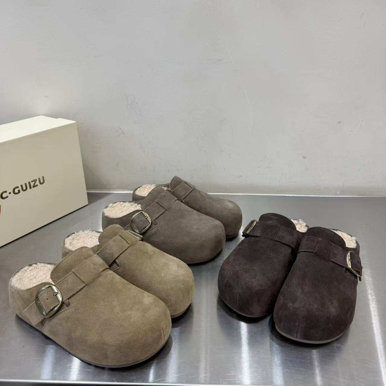 文艺范翻毛皮勃肯拖鞋女冬季加绒保暖包头拖鞋外穿一脚蹬厚底棉鞋