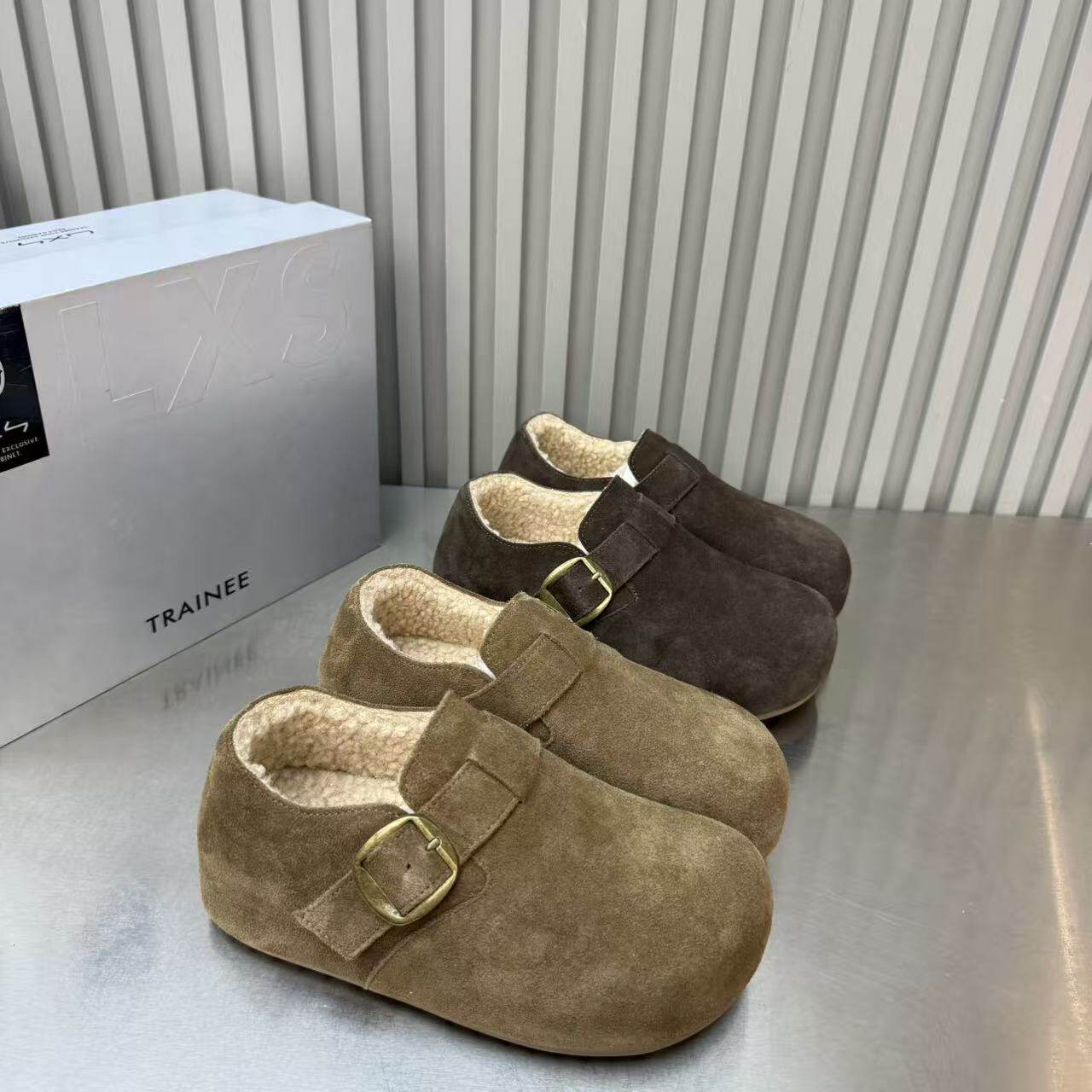 磨砂皮休闲低帮轻便勃肯棉鞋女冬季加绒保暖厚底百搭舒适懒人鞋