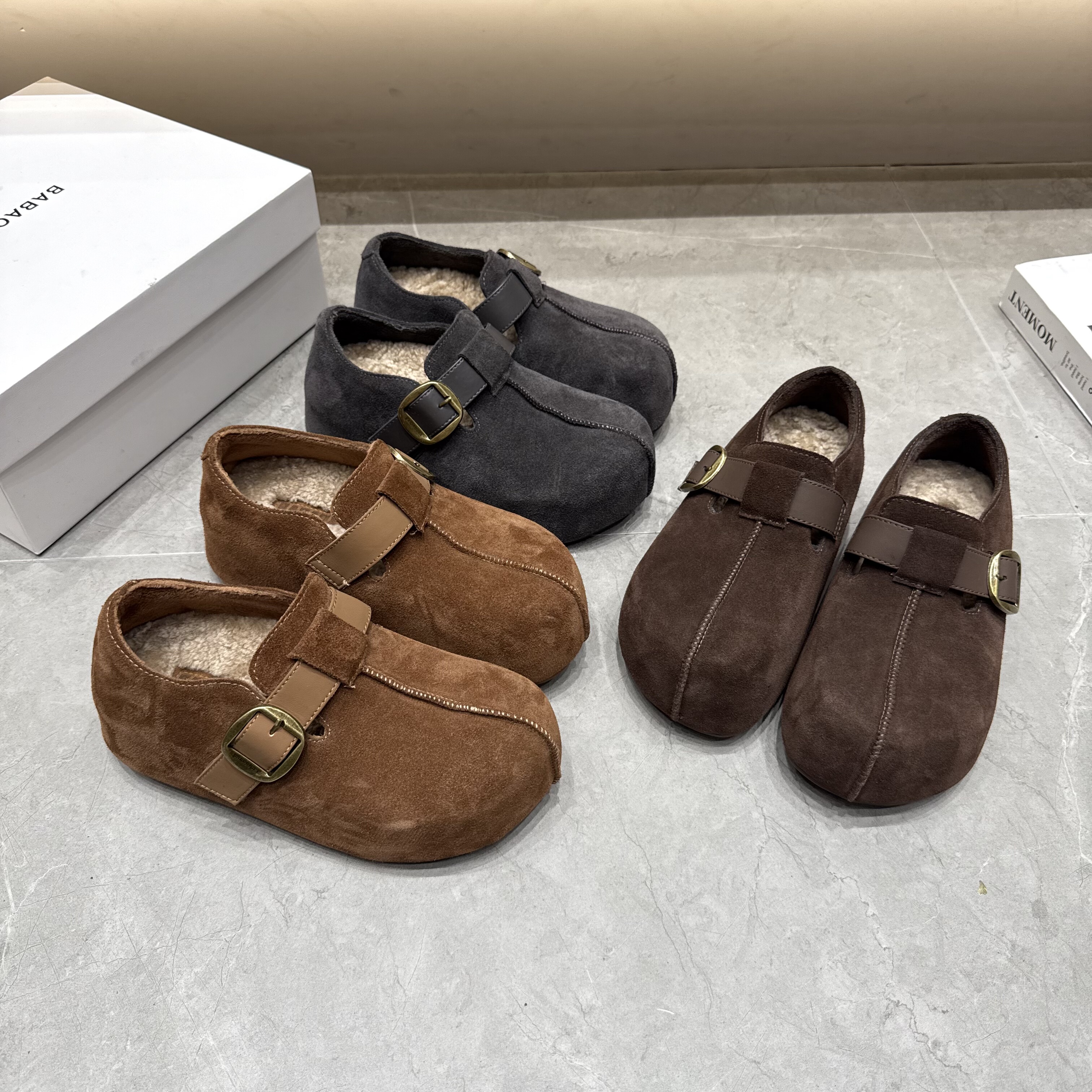 羊毛垫脚皮带扣勃肯棉鞋女2025冬磨砂皮厚底加绒懒人一脚蹬乐福鞋