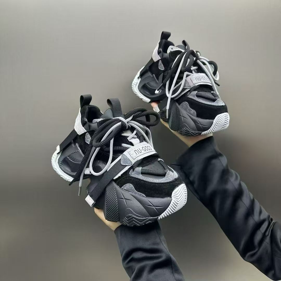 厚底复古爆款老爹鞋黑色拼色增高松糕老爹鞋子系带休闲百搭运动鞋