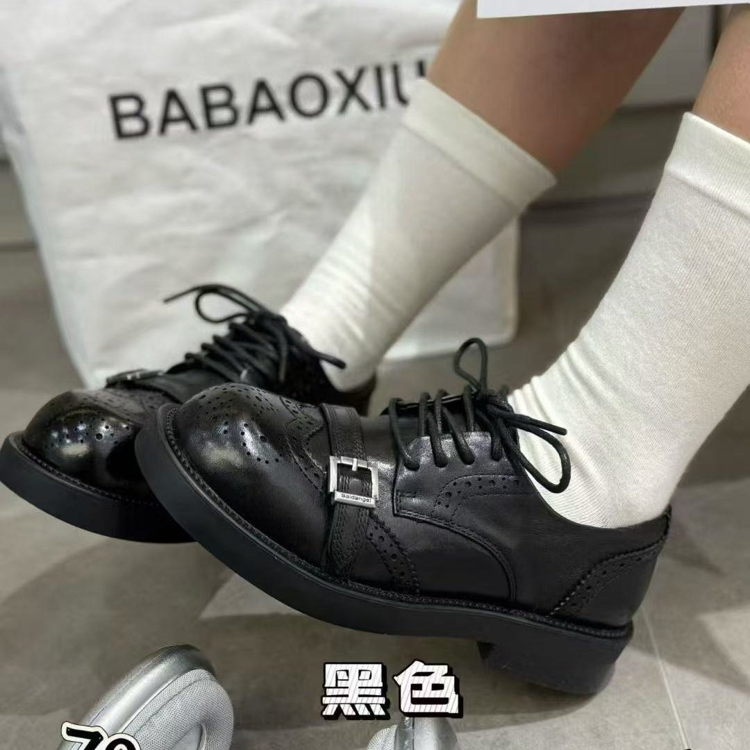 英伦风真皮雕花乐福鞋女黑色圆头系带青年一字扣带平底百搭小皮鞋,女鞋,乐福鞋（豆豆鞋）,淘宝优惠券,粉丝福利购,淘宝优惠卷