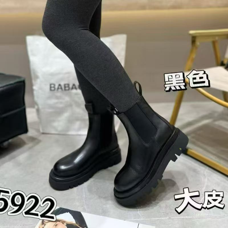 巴宝秀头层牛皮马丁靴厚底短靴女秋冬英伦风工装黑色烟筒靴单棉款