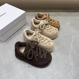 磨砂皮丑萌大头厚底保暖勃肯棉鞋系带休闲鞋女2025冬保暖面包鞋单