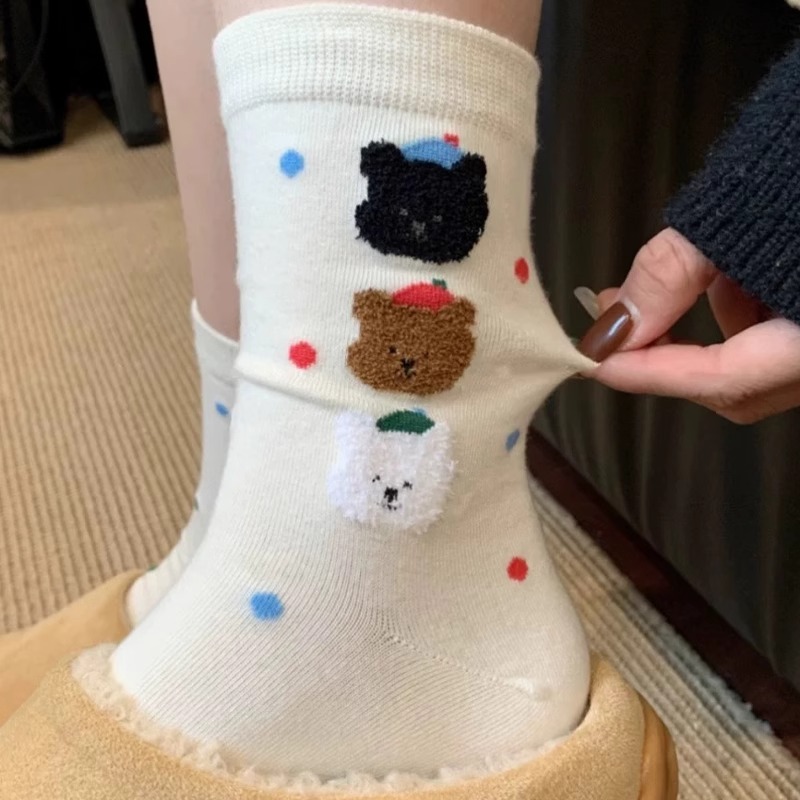 彩色波点卡通小熊袜子女中筒袜ins潮网红春秋日系可爱秋冬季长袜