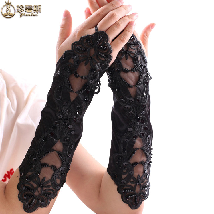 新娘结婚手套绣花月牙白色红色长款手套蕾丝露指婚纱配饰勾指手套