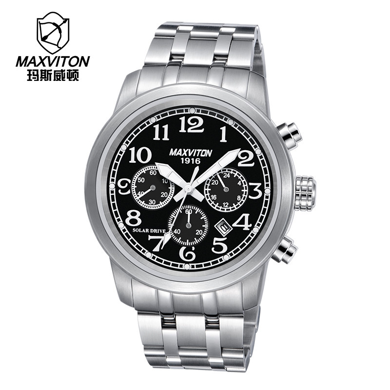 玛斯威顿太阳能手表男款商务休闲夜光防水多功能特种兵光能手表男