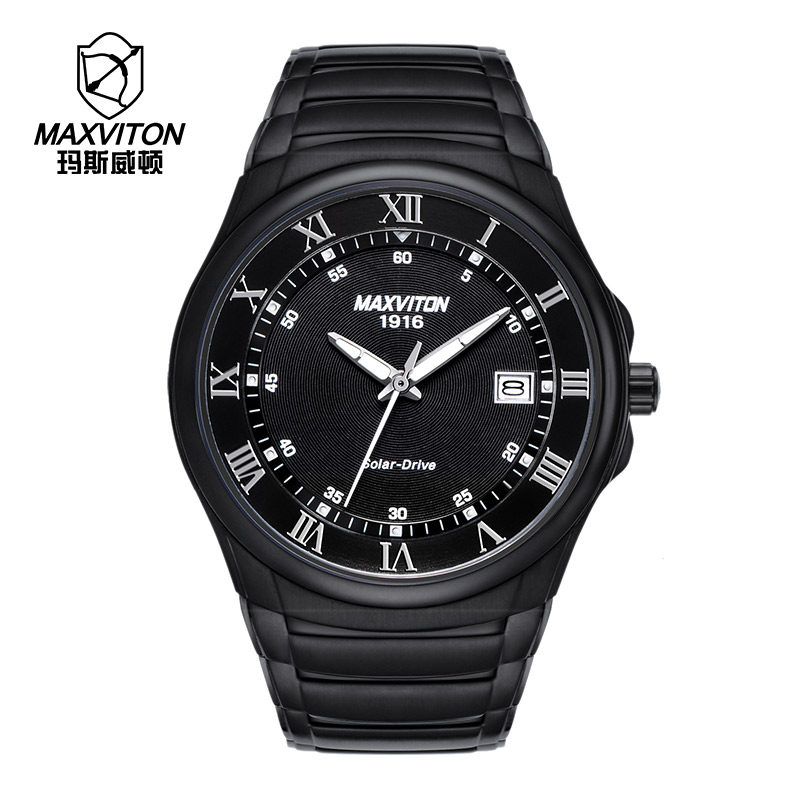 玛斯威顿光能手表男夜光防水精钢日历全自动机械式复古手表薄款男