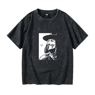 V字仇杀队 V怪客影视周边款玫瑰花面具男T恤短袖个性衣服女男圆领