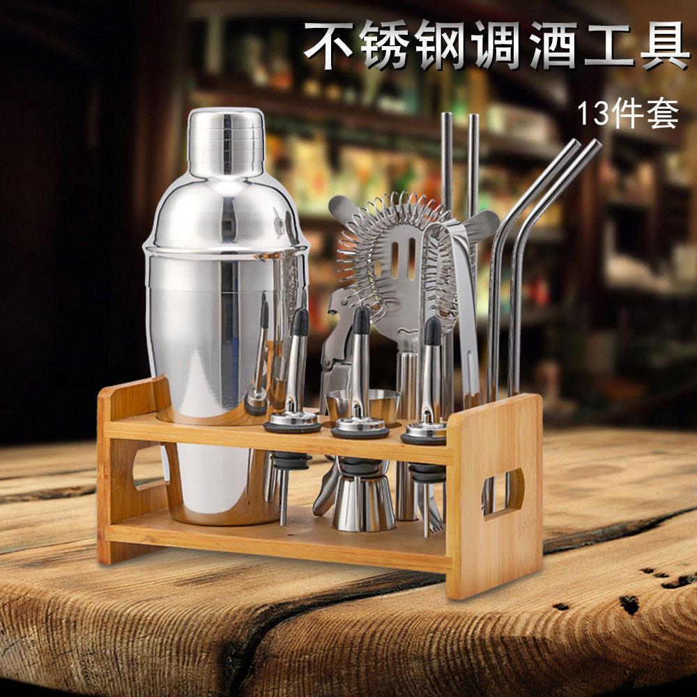 日式不锈钢调酒器套装手摇壶雪克杯奶茶调制酒吧调酒工具带收纳架图片