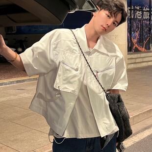 男短袖 春夏爆款 衬衫 风金属拉链工装 多口袋设计感宽松衬衣 痞帅中式