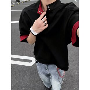 黑色半拉链短袖男夏季新款美式潮牌男式t恤重磅痞帅五分袖上衣潮