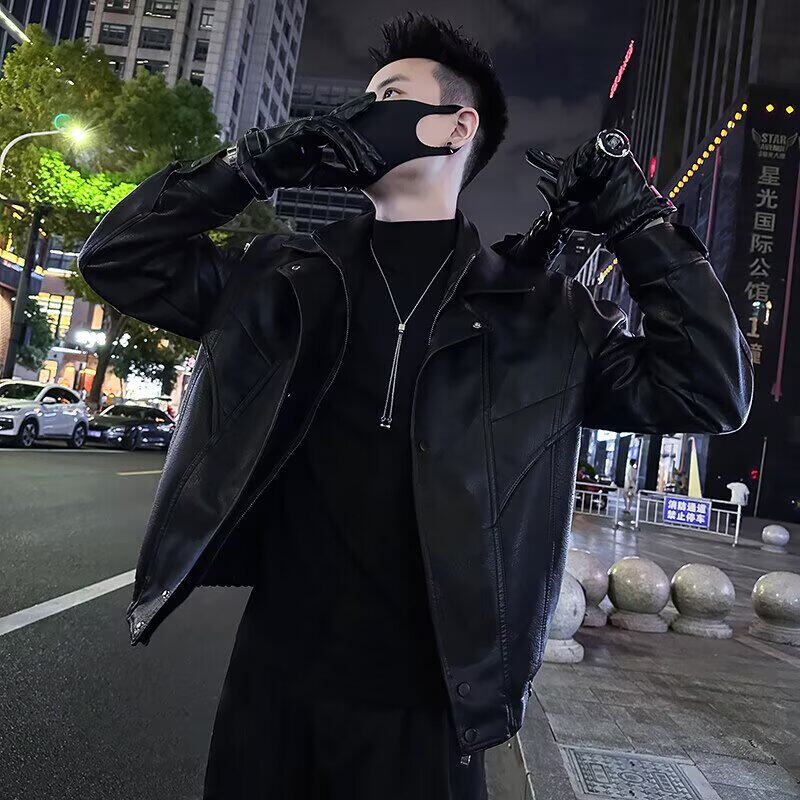 痞帅炸街春秋男翻领皮衣夹克