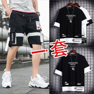 宽松五分短袖 男士 工装 短裤 子男生 夏季 一套潮牌休闲运动t恤裤 套装