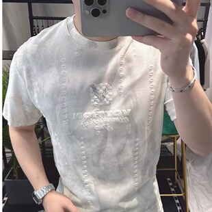 高端潮牌提花短袖 衫 T恤2026年新款 宽松圆领破洞半袖 夏季 欧货男士