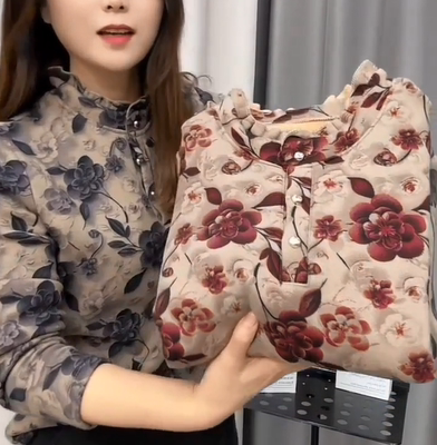 2025春秋新款加厚百搭减龄T恤洋气印花衬衫加绒妈妈长袖打底上衣