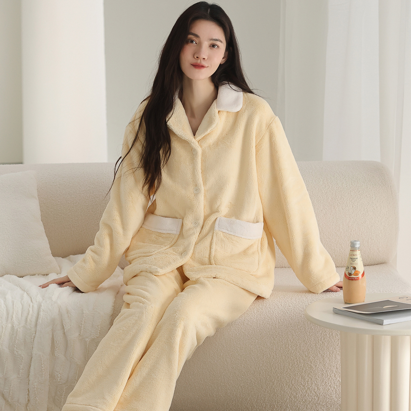 珊瑚绒睡衣女秋冬翻领开衫纯色大码法兰绒加厚长袖简约保暖家居服