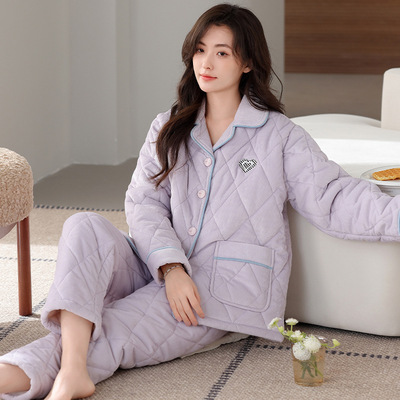 冬季灯芯绒三层夹棉睡衣女加厚加绒开衫可外穿冬天保暖家居服套装
