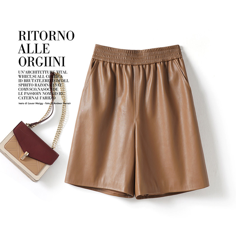 海宁真皮裤女短款2025秋冬新款绵羊皮五分裤高腰韩版松紧阔腿中裤,女装/女士精品,休闲裤,淘宝优惠券,粉丝福利购,淘宝优惠卷