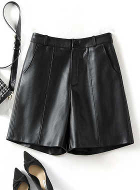 海宁真皮皮裤女短裤高腰绵羊皮宽松五分阔腿裤2025秋冬新款皮靴裤
