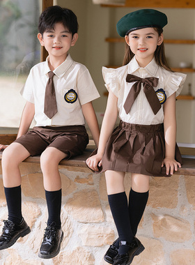 夏季英伦风短袖衬衣套装男女童园服幼儿园小学生班服校服演出服装