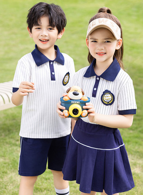 夏季条纹衫英伦风学院短袖套装男童女童幼儿园园服小学生班服校服