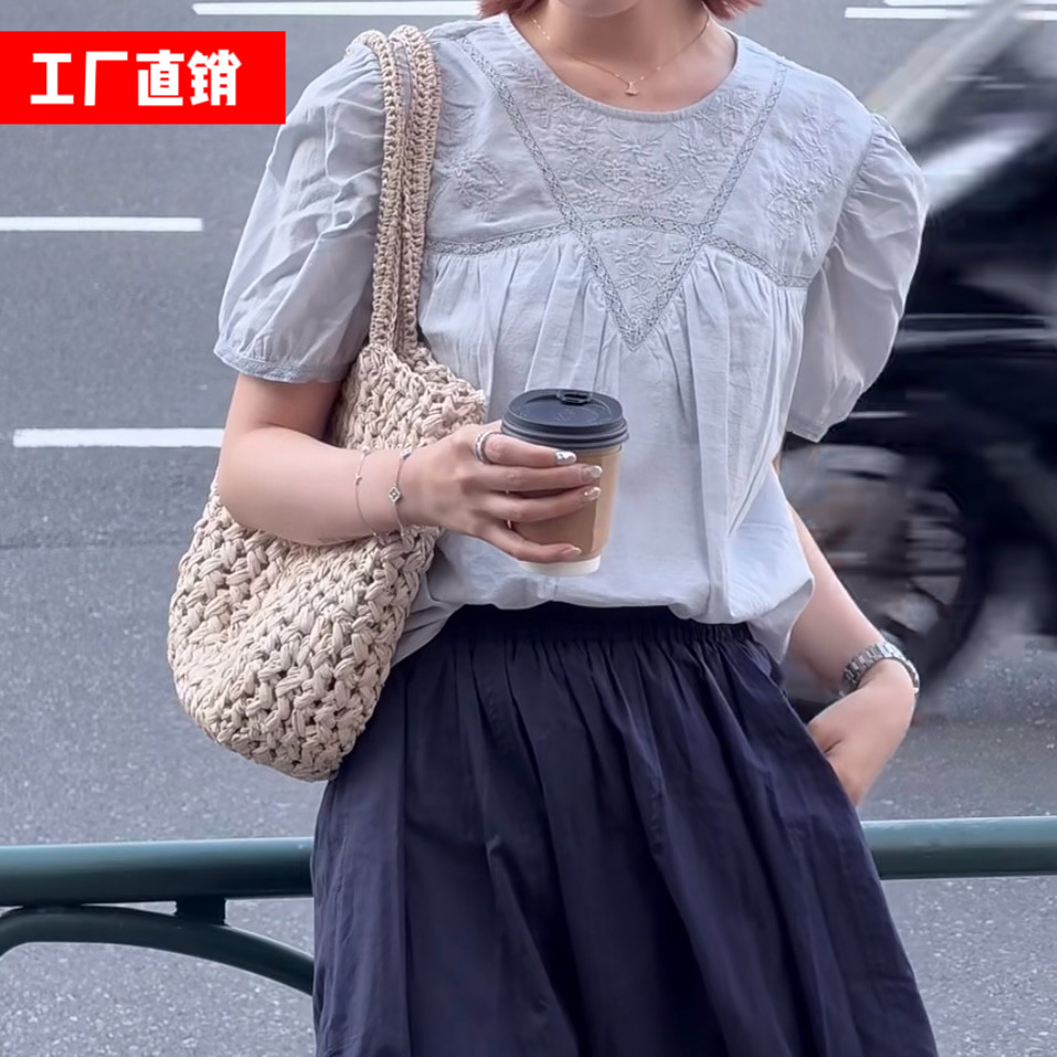 「白描工作间」亚德里亚"100棉蕾丝绣花小衫法式泡泡袖衬衫女衬衣